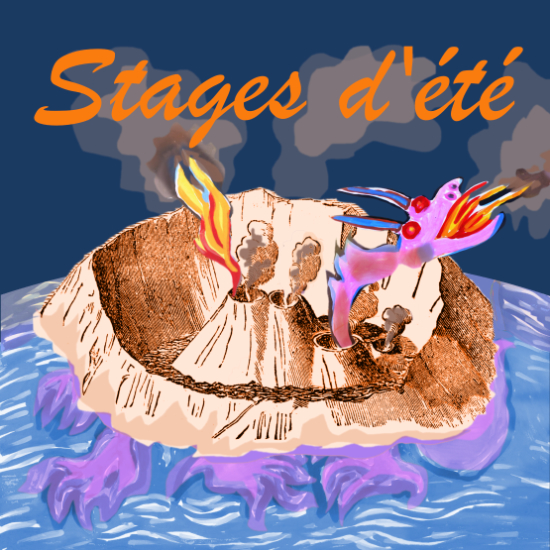 lien vers les stages d'été avec dessin d'un dragon sortant d'un volcan